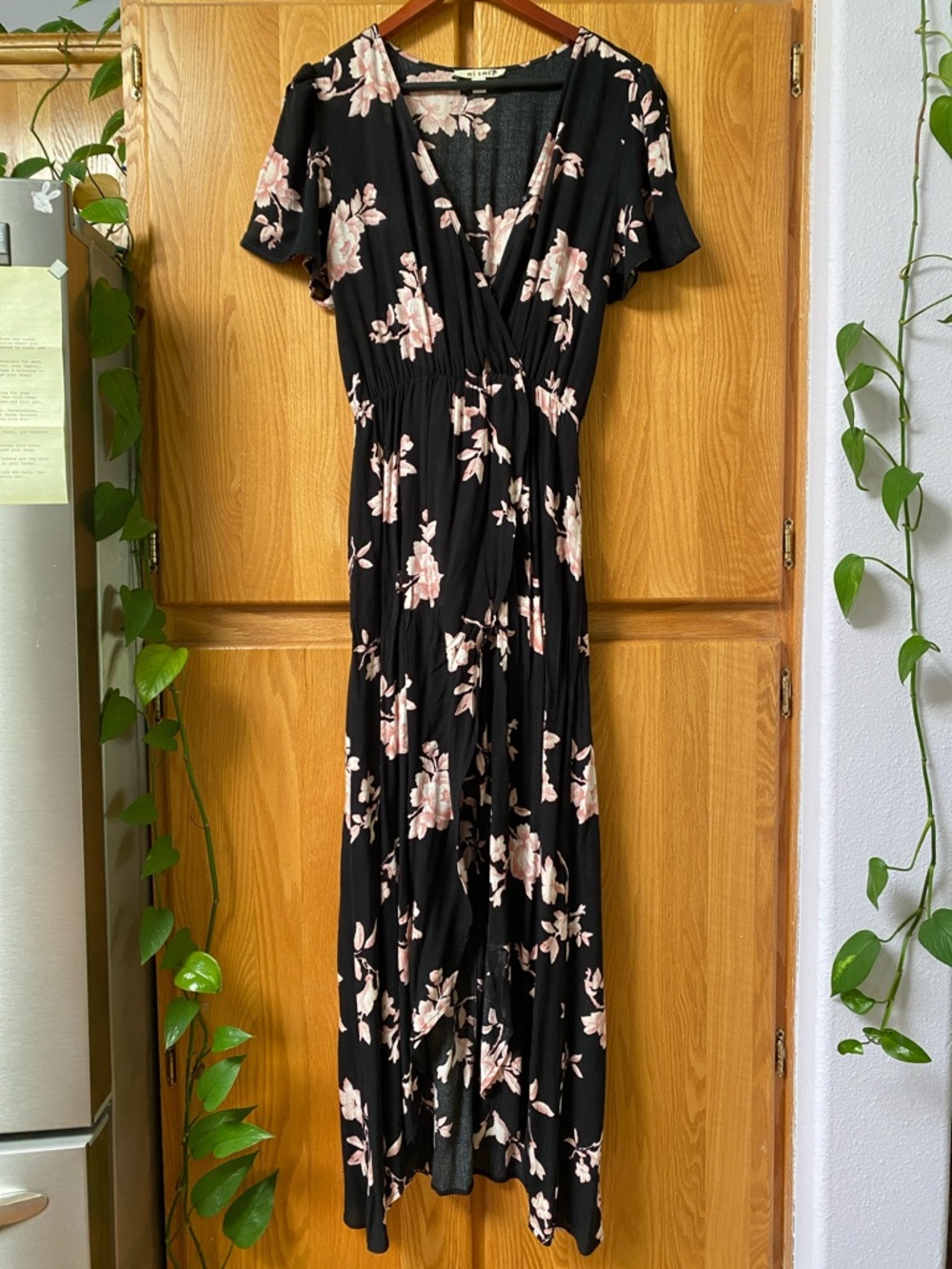 Black and pink floral maxi dress flowy boho feminine beach faux wrap flutter  M